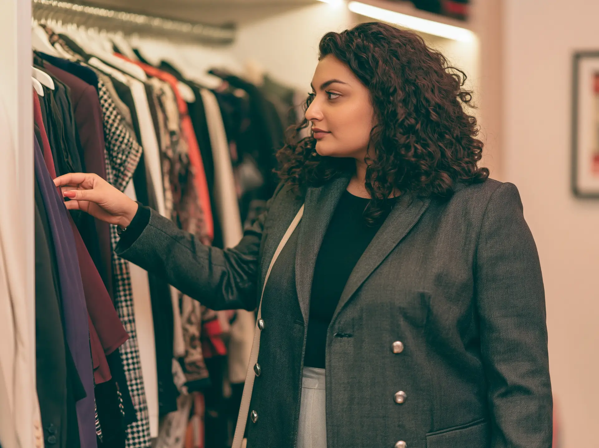 A woman in a tailored grey blazer choosing garments from a wardrobe rail