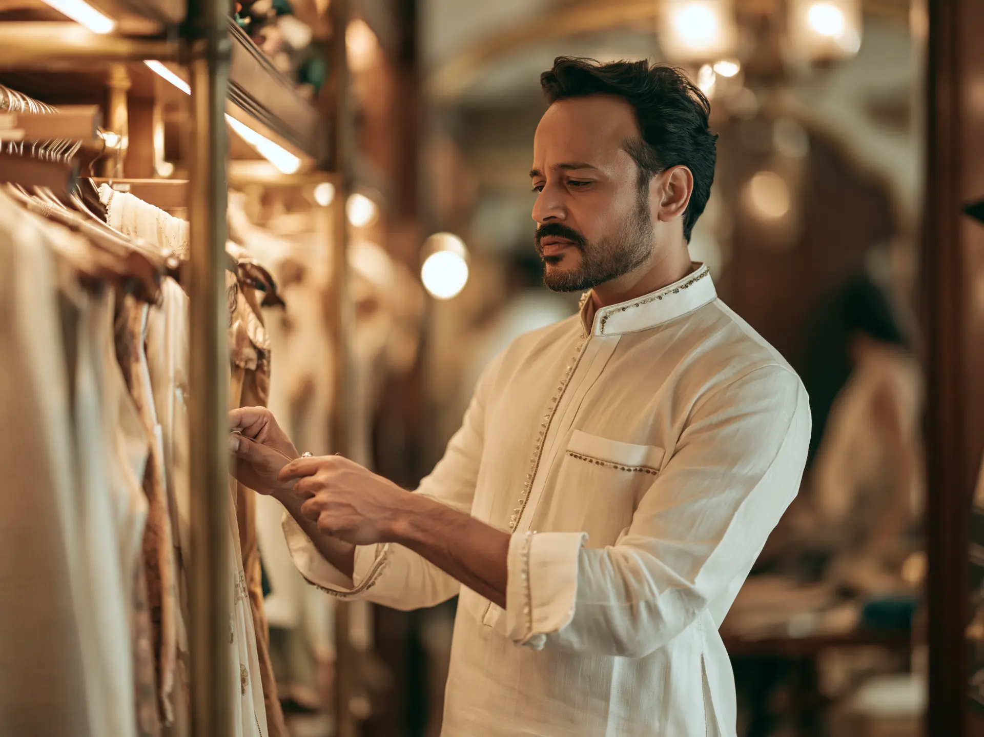 A man in a cream kurta examining garments on a rack in an Indian clothing store