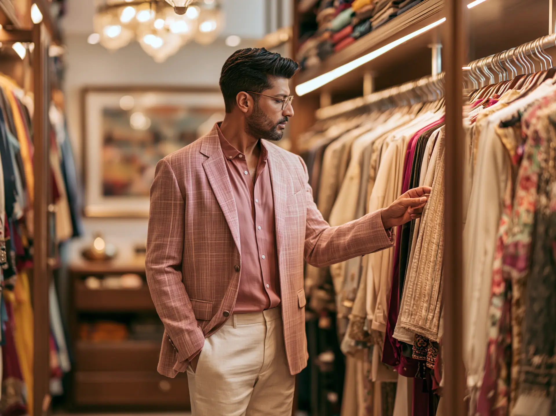 A man in a pink checkered blazer browsing Indian occasion wear in a warmly lit boutique