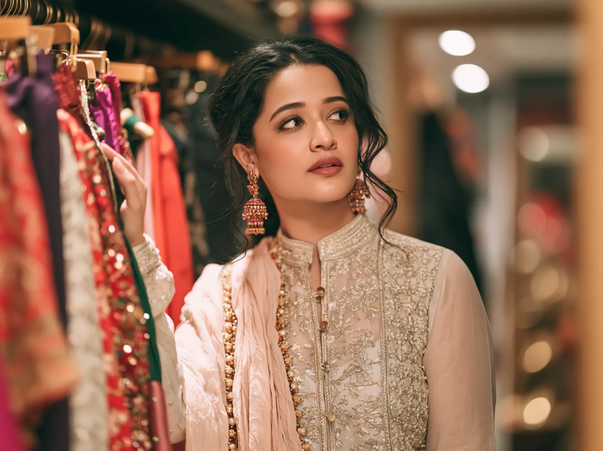 A woman in an embroidered ivory kurta browsing a rack of Indian occasion wear